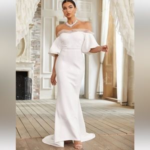 Size L 8/10 Wedding Dress Off Shoulder Mermaid Hem Tulle Contrast Mesh Accents